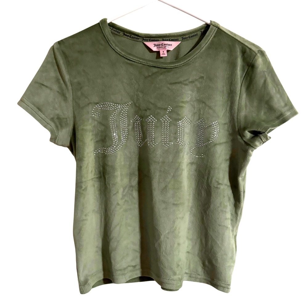 Juicy Couture Green Velour‎ Tee Rhinestone Logo Y2K Style Size Small